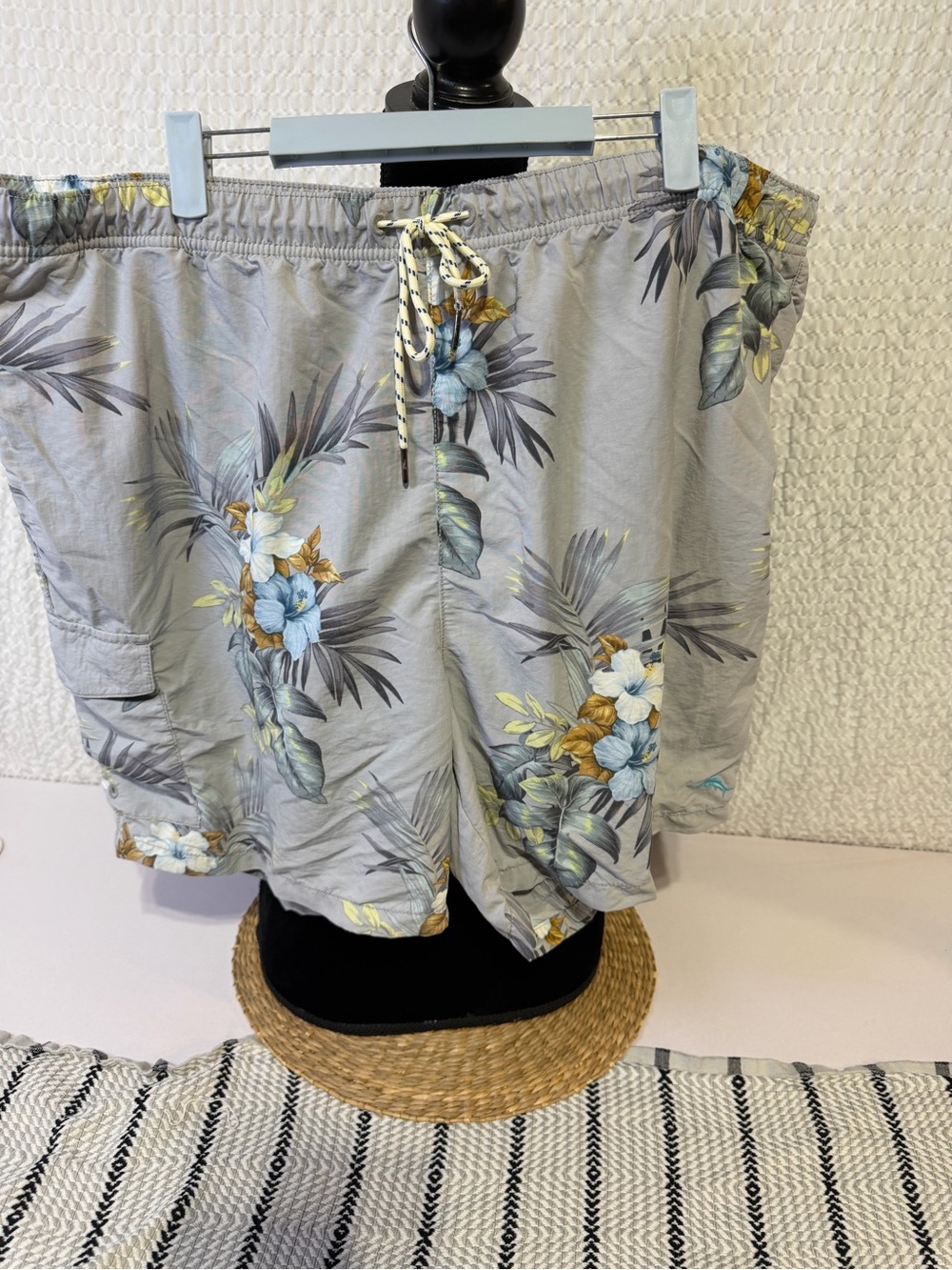 Tommy Bahama Grey Floral Swim Board Shorts with Blue & Gold Accents